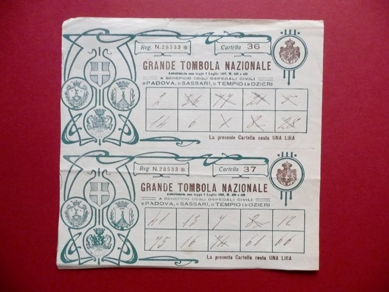 Due Cartelle Tombola Ospedali Civili Padova Sassari Tempio Ozieri 1912 …