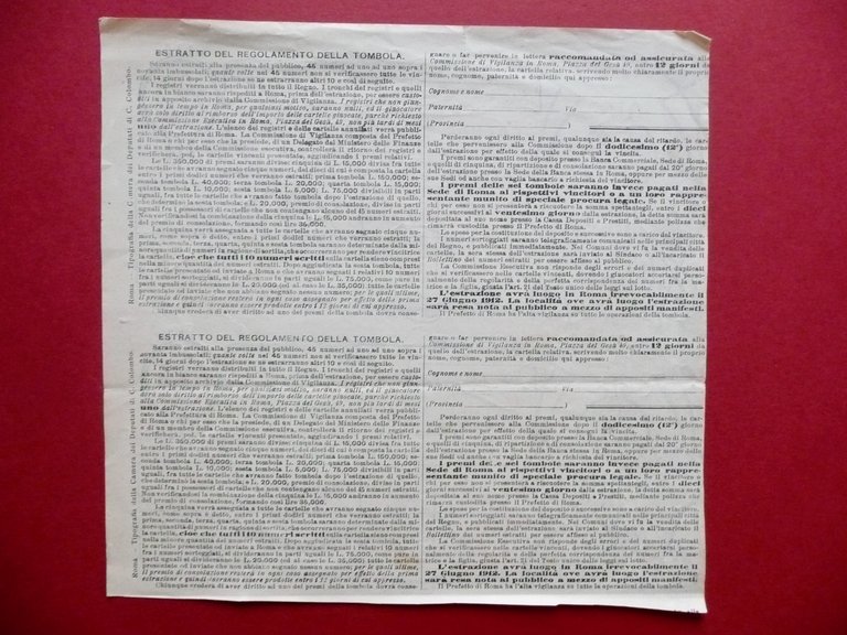 Due Cartelle Tombola Ospedali Civili Padova Sassari Tempio Ozieri 1912 …