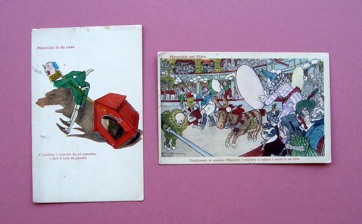 Due Cartoline Illustrate colori Attilio Mussino Pinocchio non viaggiate