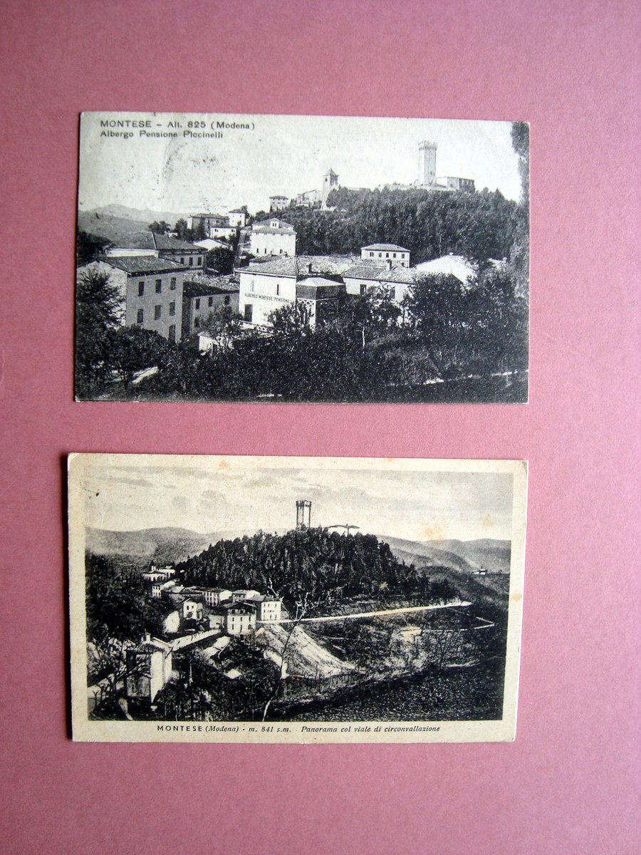 Due Cartoline Montese 1923 1947 viaggiate Panorama Alberto Piccinelli | Immagine principale