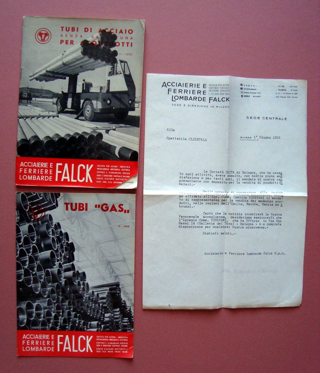 Due Cataloghi industriali Acciaierie Lombarde Falck Tubi Acquedotti Gas 1958-59
