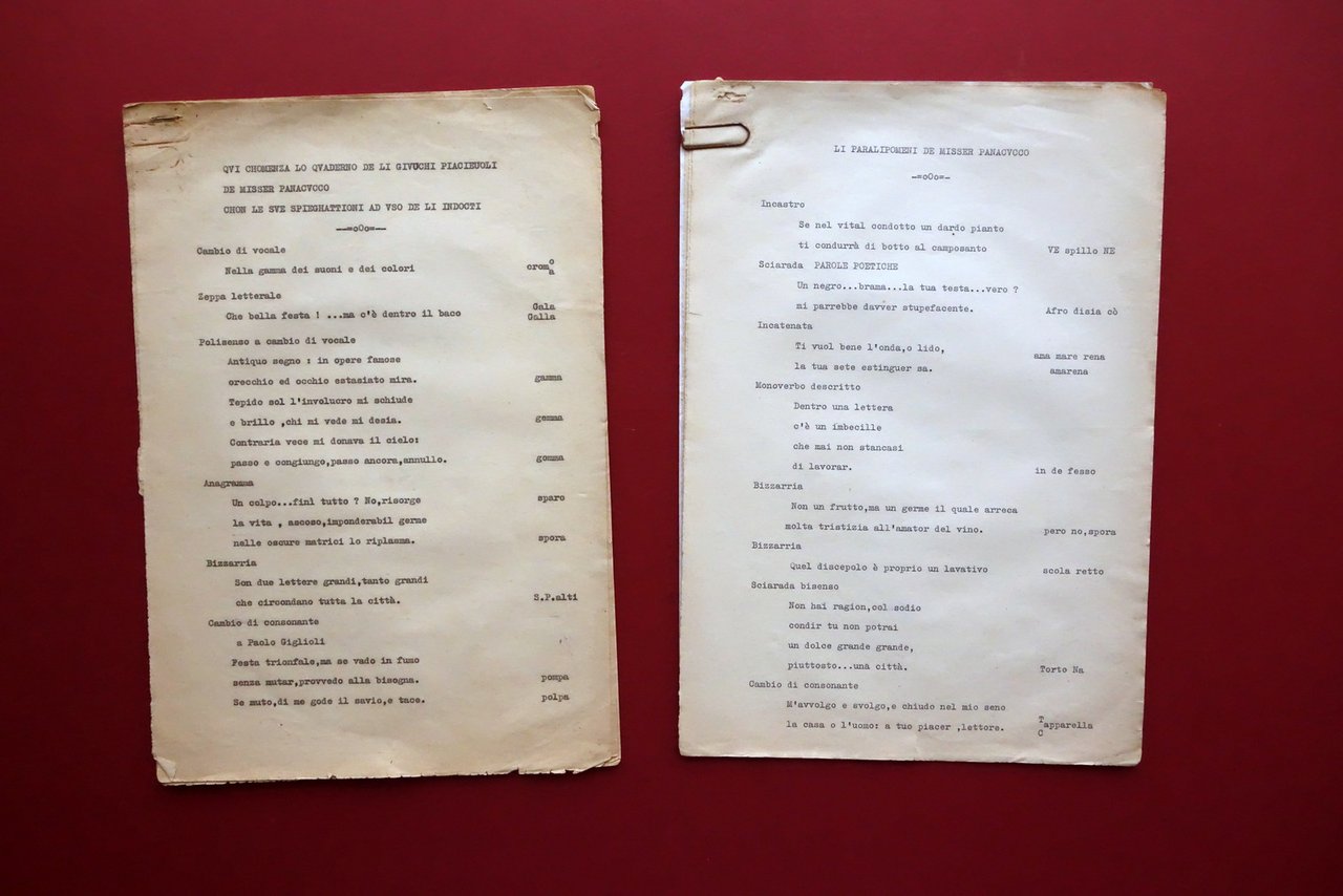 Due Dattiloscritti Messer Panacucco Giochi di Parole Paralipomeni Anni '40