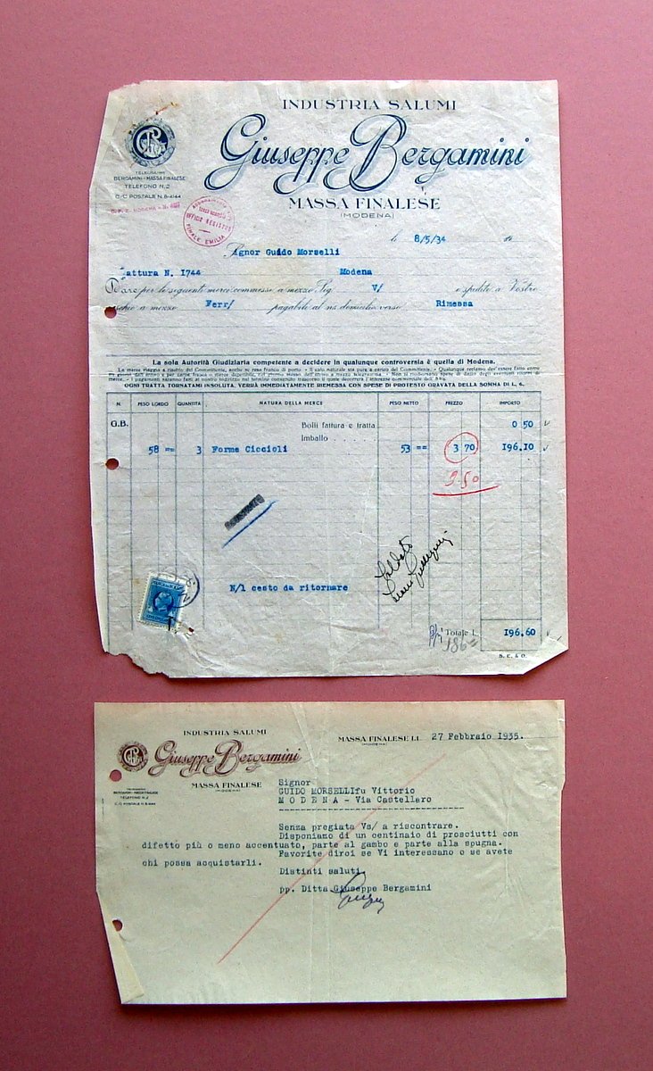 Due Fatture Giuseppe Bergamini Industria Salumi Massa Finalese