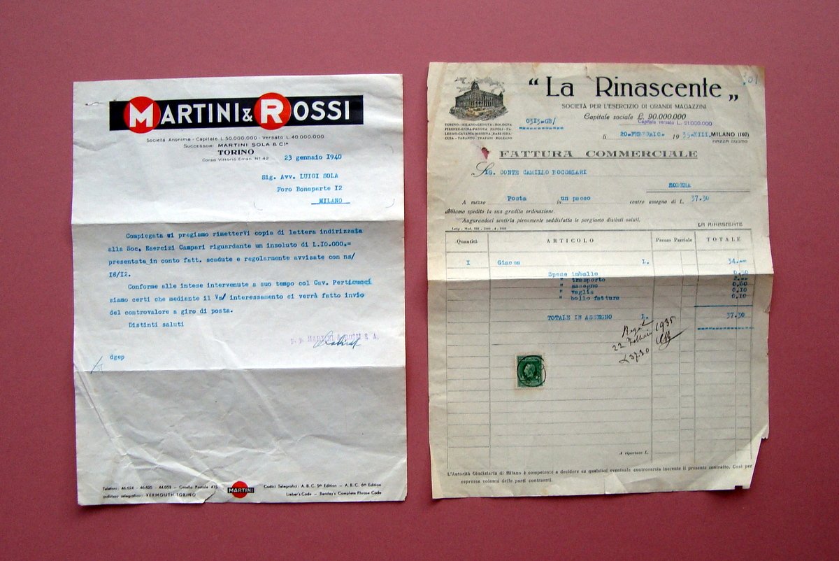 Due fatture intestate La Rinascente 1935 Martini & Rossi 1940