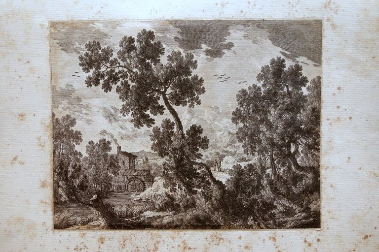 Due Incisioni Paesaggio Bucolico Carta Verghettata Fine '700