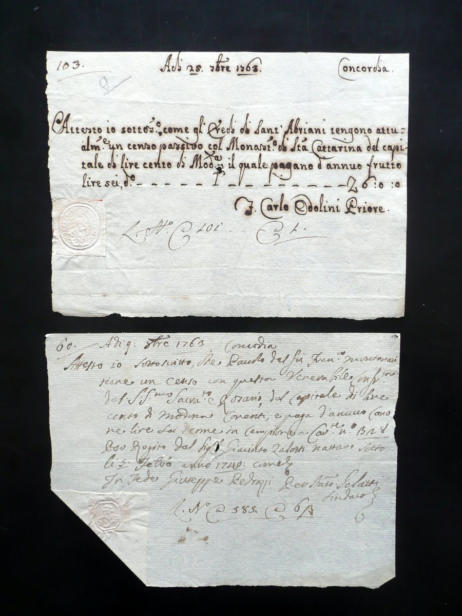 Due Manoscritti Concordia Modena Monastero S. Caterina Censo Confraternita 1763