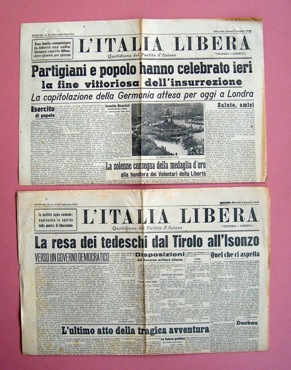due numeri L'Italia Libera Partito d'Azione 1945 Resa Tedeschi Partigiani …