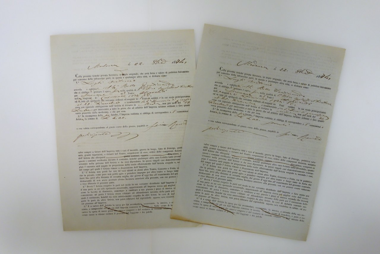 Due Scritture Private Assunzione Primo Violino Teatro Aliprandi Modena 1874-75 | Immagine principale