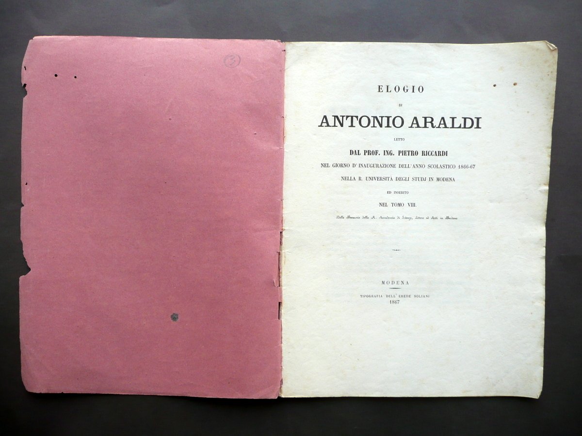 Elogio di Antonio Araldi Pietro Riccardi Soliani Modena 1867 Matematica | Immagine principale