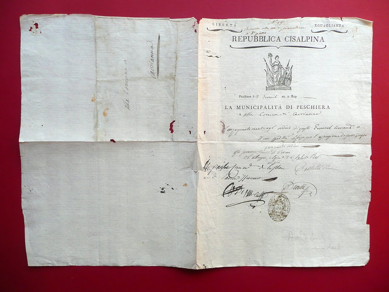 En Tete Repubblica Cisalpina Municipalit‡ di Peschiera 1801 Firme Timbro