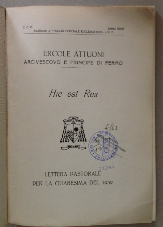 Ercole Attuoni Principe Fermo Hic Est Rex Lettera Pastorale Quaresima …