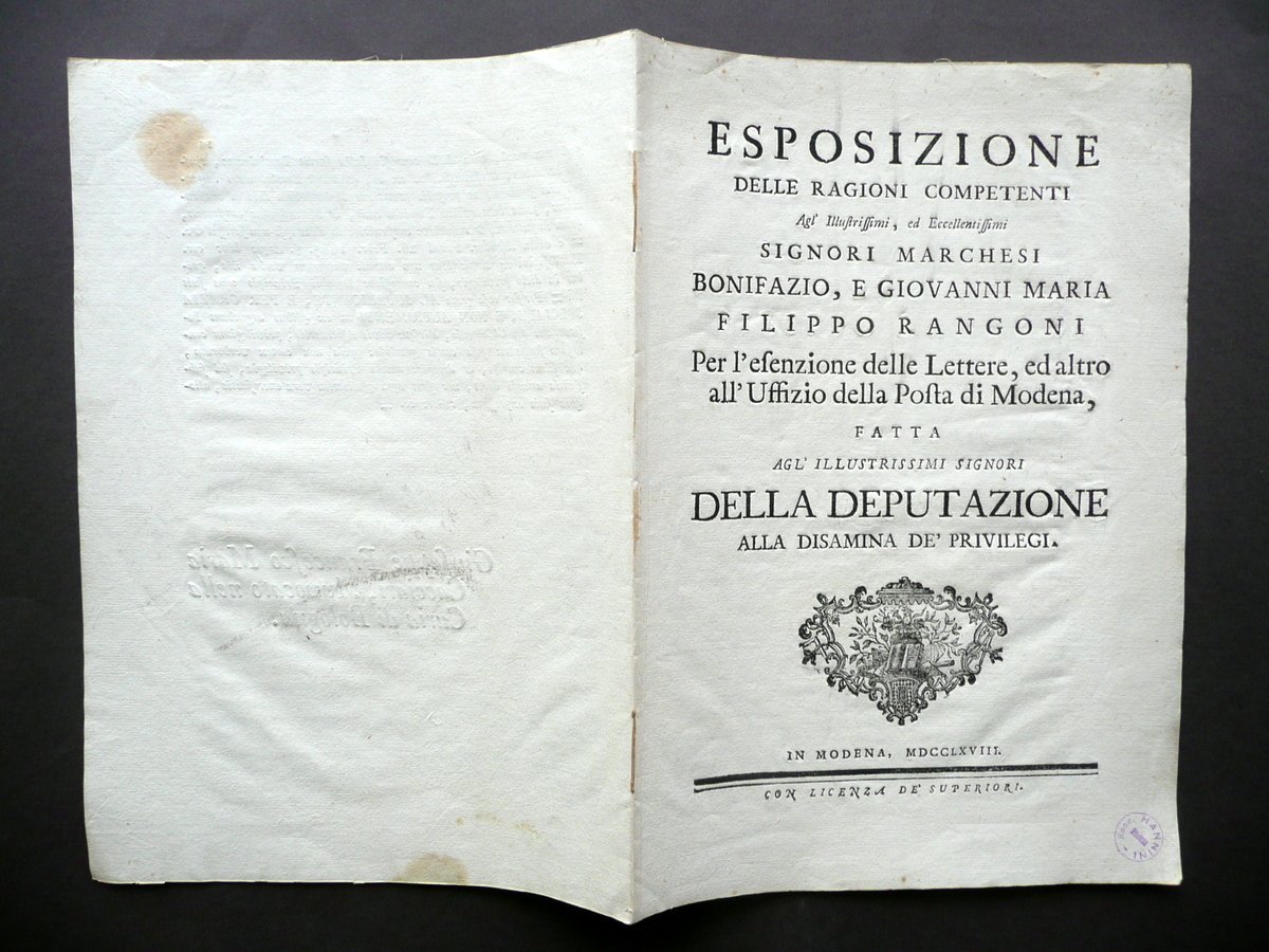 Esposizione Ragioni Competenti Rangoni Esenzione Lettere Posta Modena 1768