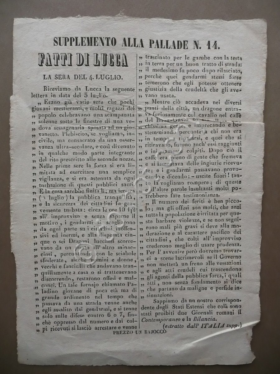 Fatti di Lucca Supplemento alla Pallade N.14 Violenze Dragoni Lucchesi …