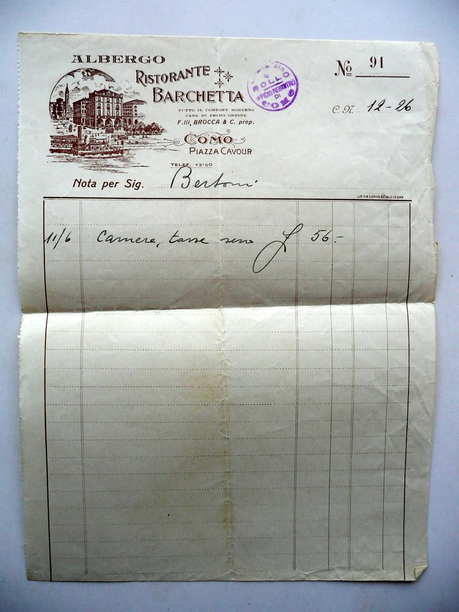 Fattura Albergo Ristorante Barchetta Fratelli Brocca Piazza Cavour Como 1926 | Immagine principale