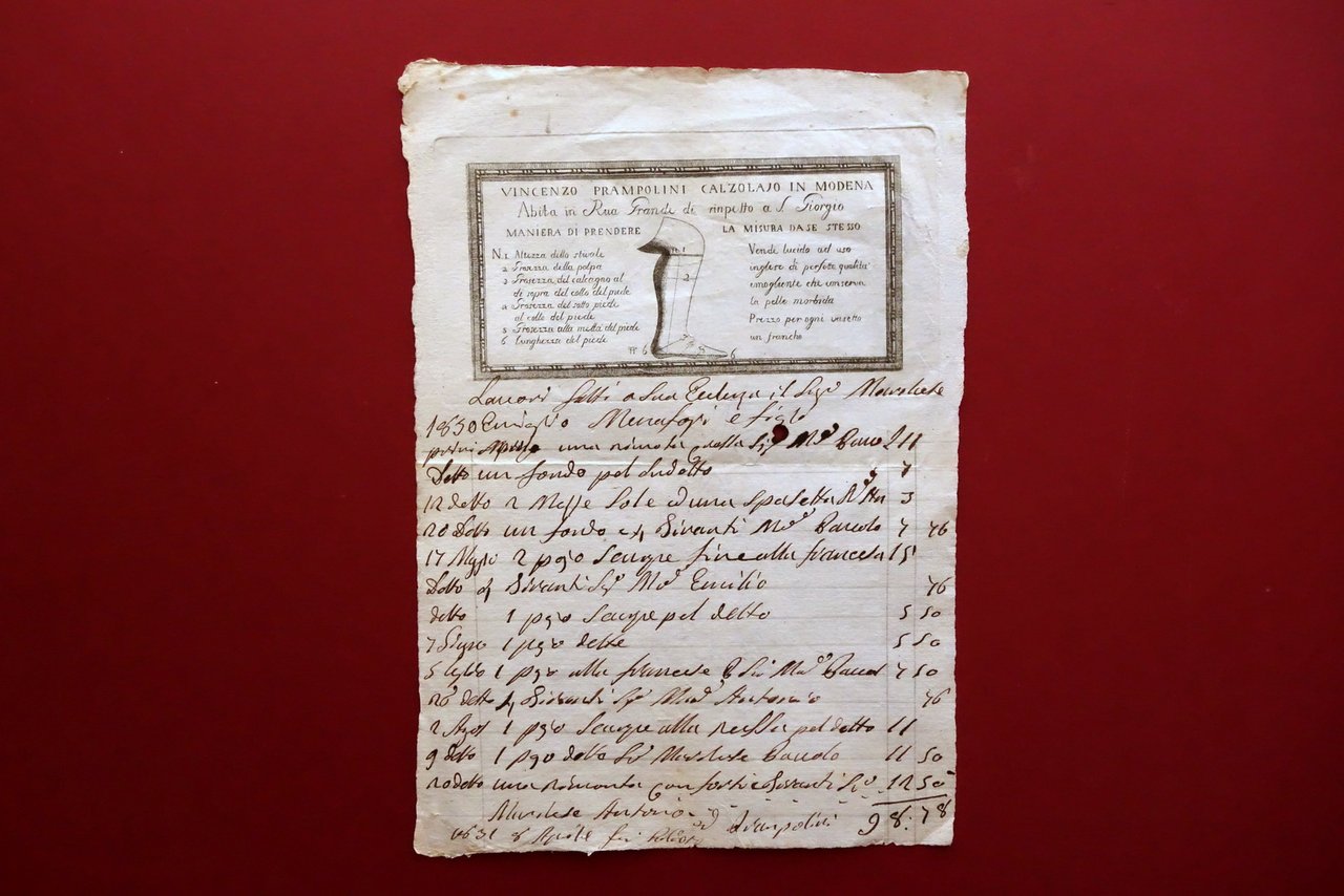 Fattura Antica Vincenzo Prampolini Calzolaio in Modena Rua Grande Incisione …