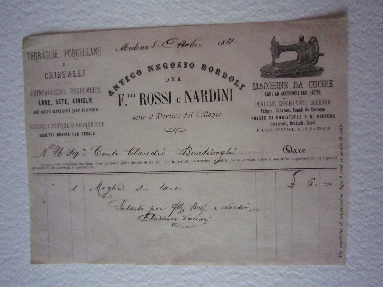 Fattura Antico Negozio Bordoli Fratelli Rossi Nardini cucire lucerne Modena …