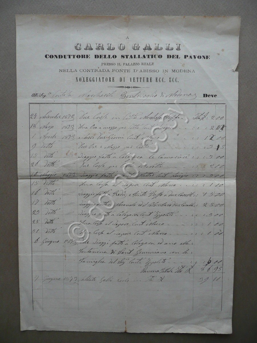 Fattura Carlo Galli Noleggio Vetture Conduttore Stallatico Pavone 1873 Modena
