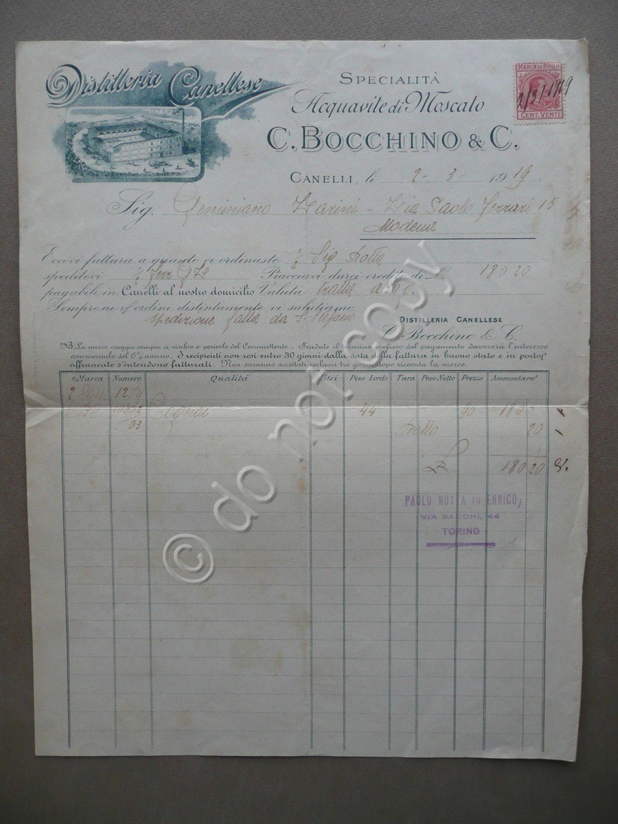 Fattura Distilleria Canelli Bocchino & C Acquavite Moscato Vini Liquori …