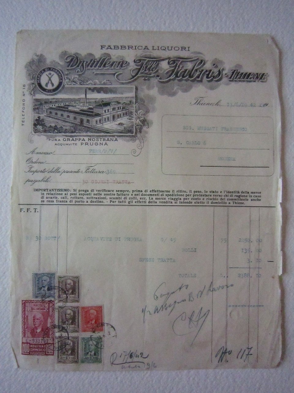 Fattura Distillerie Fabris Grappa Liquori Sciroppi Bibita Thiene bevande 1942
