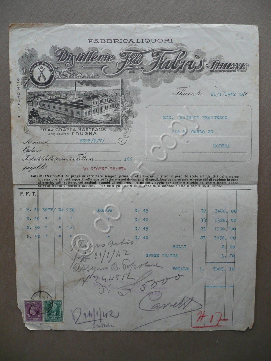 Fattura Distillerie Fratelli Fabris Thiene Fabbrica Liquori Acquavite 1942 | Immagine principale