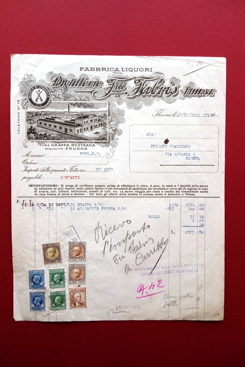 Fattura Fabbrica Liquori Distillerie F.lli Fabris Thiene Grappa Acquavite 1939