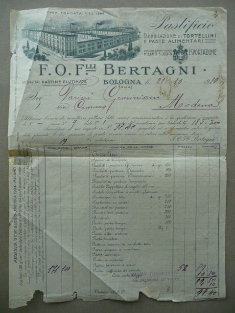Fattura Fratelli Bertagni Bologna Tortellini Pasta Alimentare Pastificio 1910