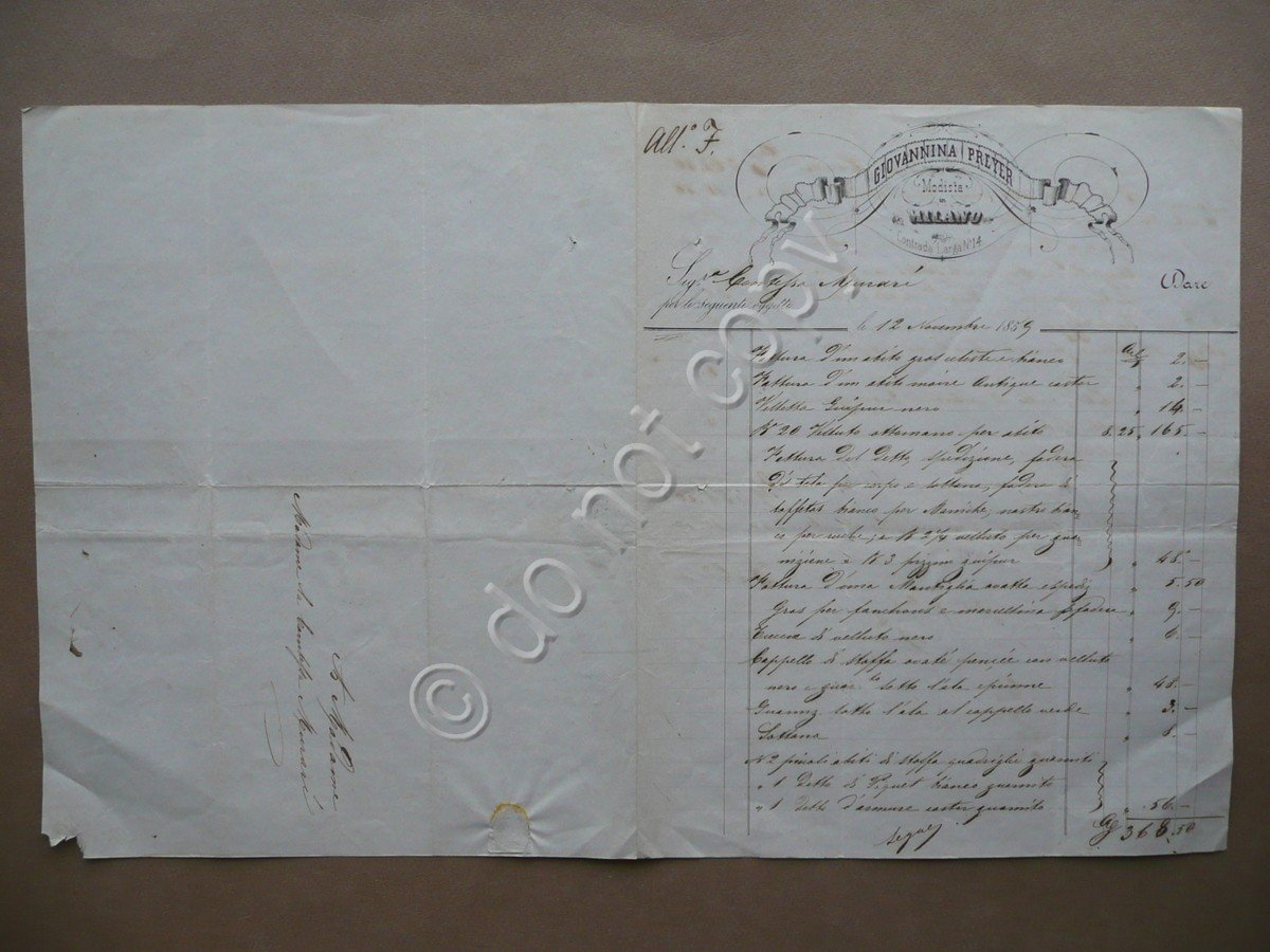 Fattura Giovanna Preyer Modista Milano Contrada Larga 1859 Abiti Abbigliamento | Immagine principale