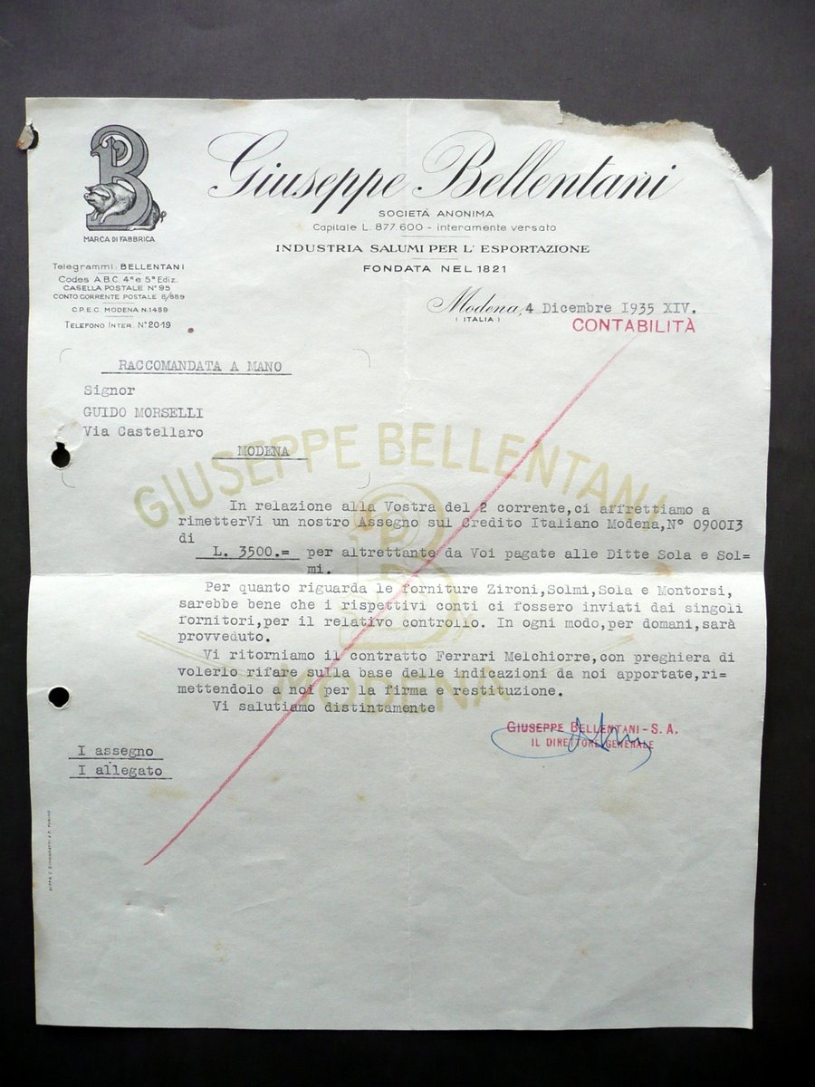 Fattura Giuseppe Bellentani Salumi per Esportazione Modena 4/12/1935 | Immagine principale