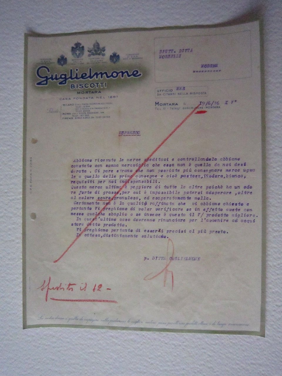 Fattura Guglielmone Biscotti Mortara Milano Roma Firenze Alimenti 1936