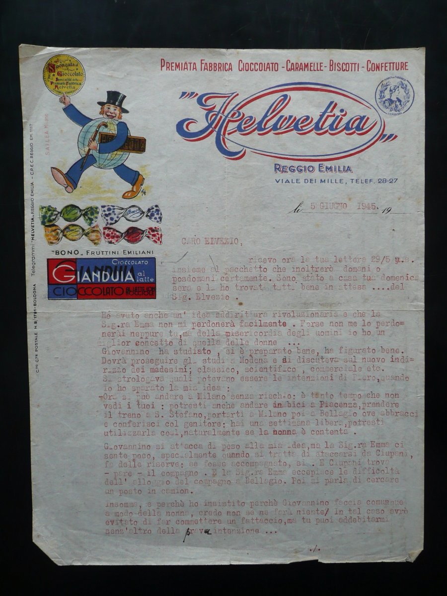 Fattura Helvetia Reggio Emilia Gianduia cioccolato Caramelle biscotti 1945