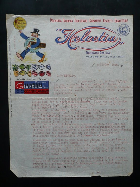 Fattura Helvetia Reggio Emilia Gianduia cioccolato Caramelle biscotti 1945