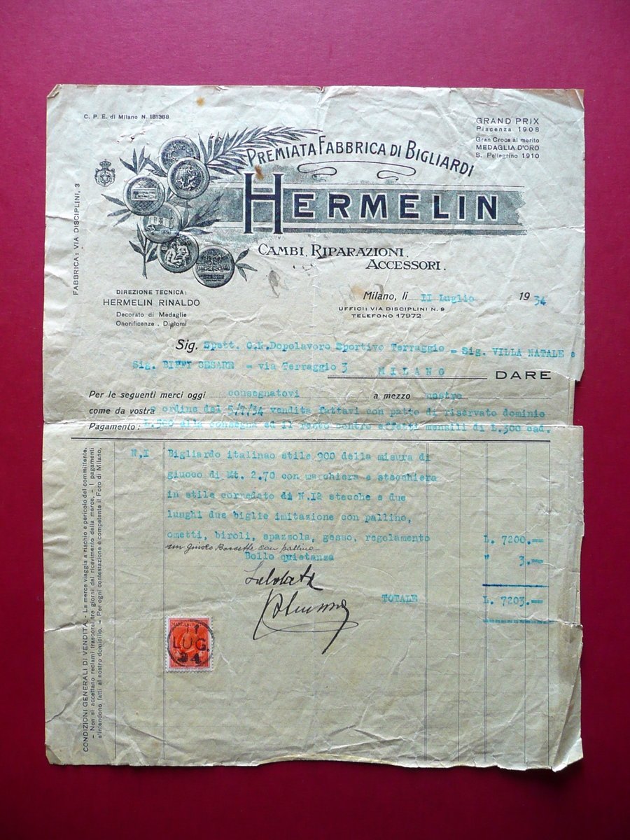 Fattura Hermelin Premiata Fabbrica Bigliardi Milano 1934