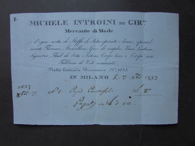 Fattura Introini Michele Mercante Mode Milano Contrada Borsinari 1832