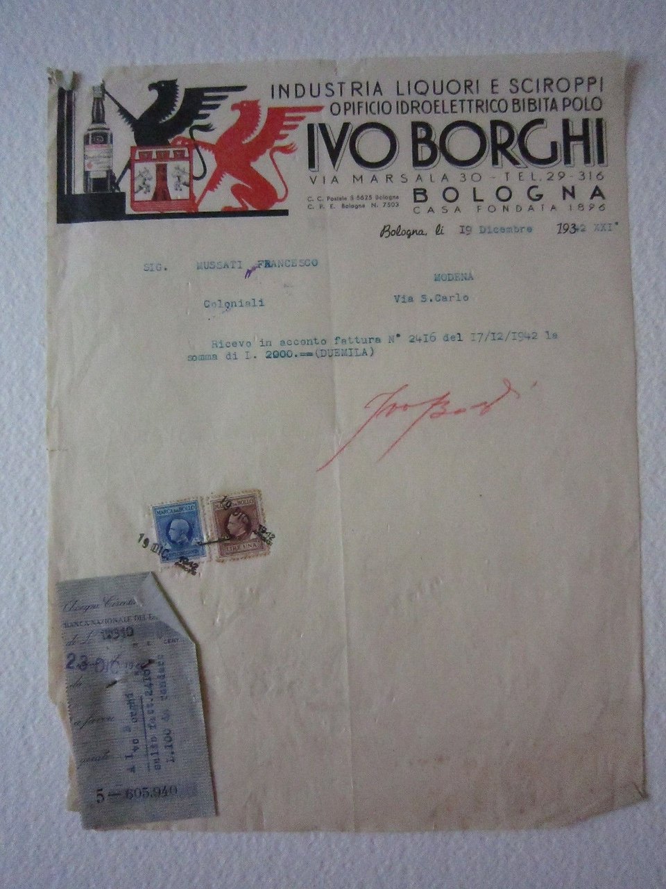 Fattura Ivo Borghi Indusria Liquori Sciroppi Bibita Amaro Bologna bevande …