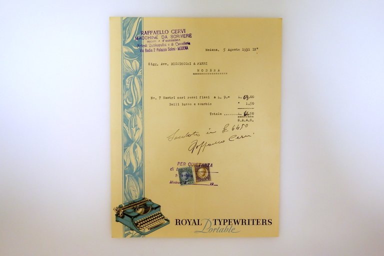 Fattura Macchine Scrivere Royal Typewriters Portable Raffaello Cervi Modena 1931
