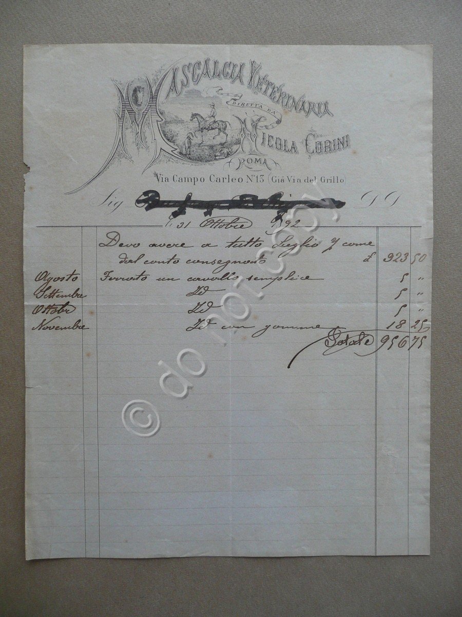 Fattura Mascalcia Veterinaria Diretta da Nicola Corini Roma 1892 Cavalli … | Immagine principale