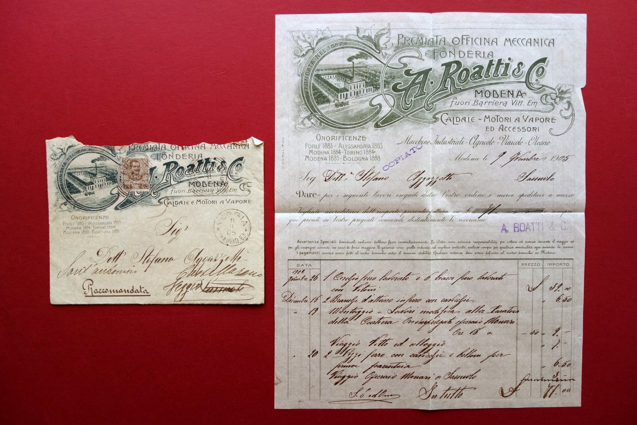 Fattura Officina Meccanica Fonderia Roatti e C. Modena Macchine Motori …