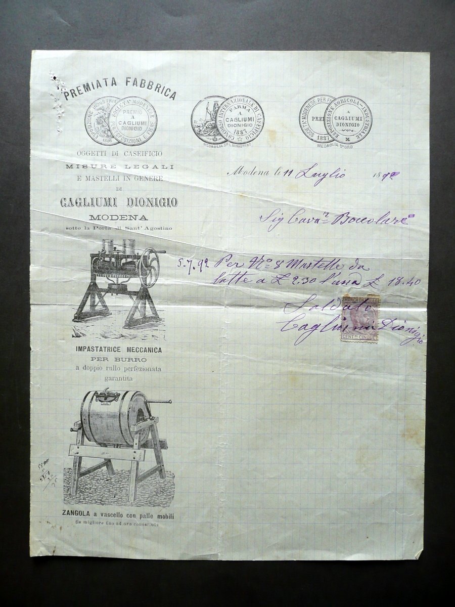 Fattura Premiata Fabbrica Cagliumi Dionigio Modena Caseificio Mastelli 1892 | Immagine principale