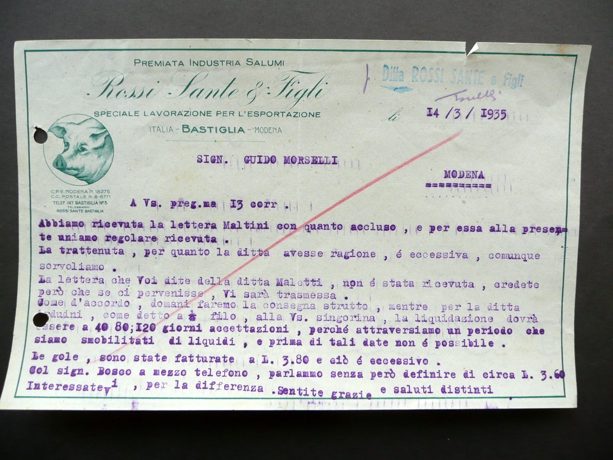 Fattura Rossi Sante e Figli Bastiglia Modena Industria Salumi 14/3/1935