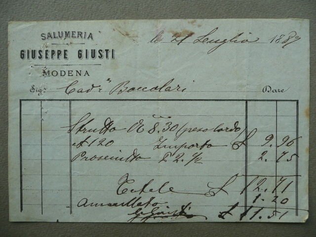 Fattura Salumeria Giuseppe Giusti Modena Strutto Prosciutto Alimentari 1887
