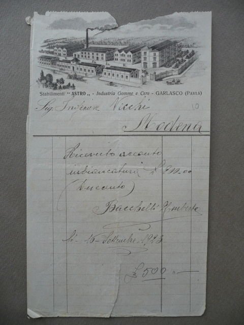Fattura Stabilimenti Astro Industria Gomme Cere Garlasco Pavia Settembre 1923