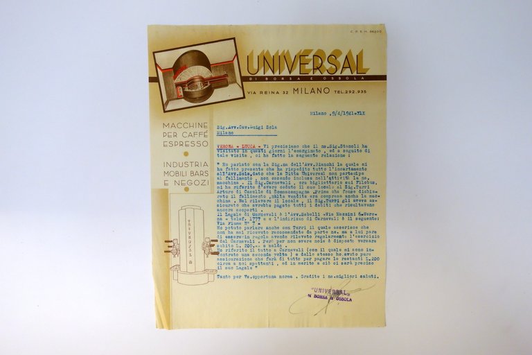 Fattura Universal Macchina Caffè Espresso Milano 1940
