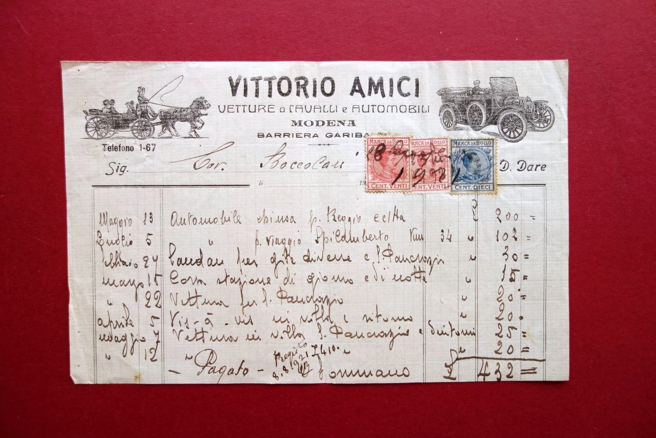Fattura Vittorio Amici Vetture Cavalli Automobili Barriera Garibaldi Modena 1921