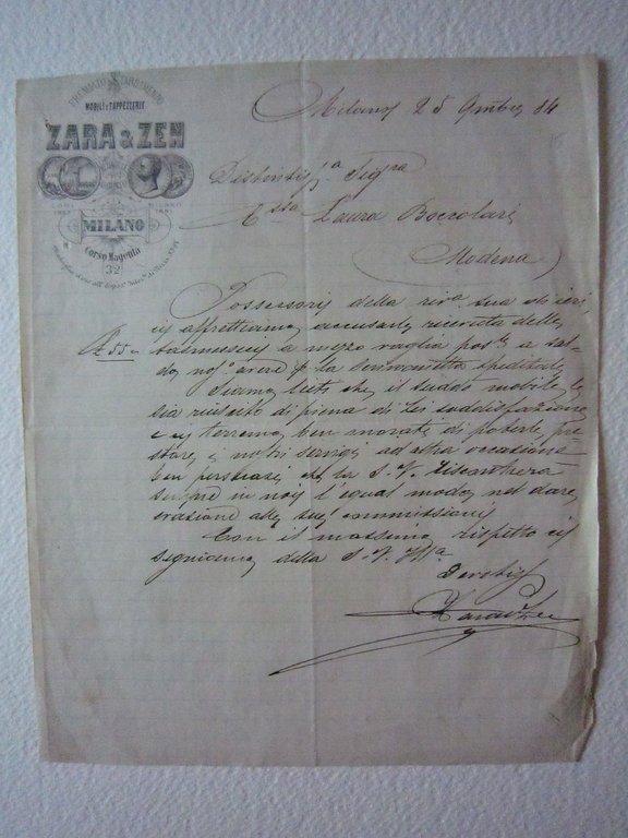 Fattura Zara Zen Milano Mobili Tappezzerie Medaglia d'oro autografo 1884