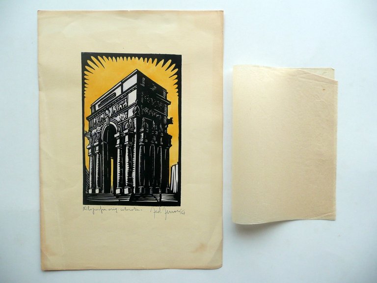 Federico Ferrari Xilografia Originale a Colori Arco Romano 1947 Arte Incisione