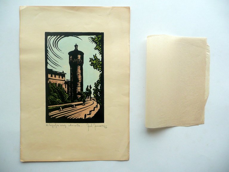 Federico Ferrari Xilografia Originale a Colori Torre Veduta 1947 Arte Incisione