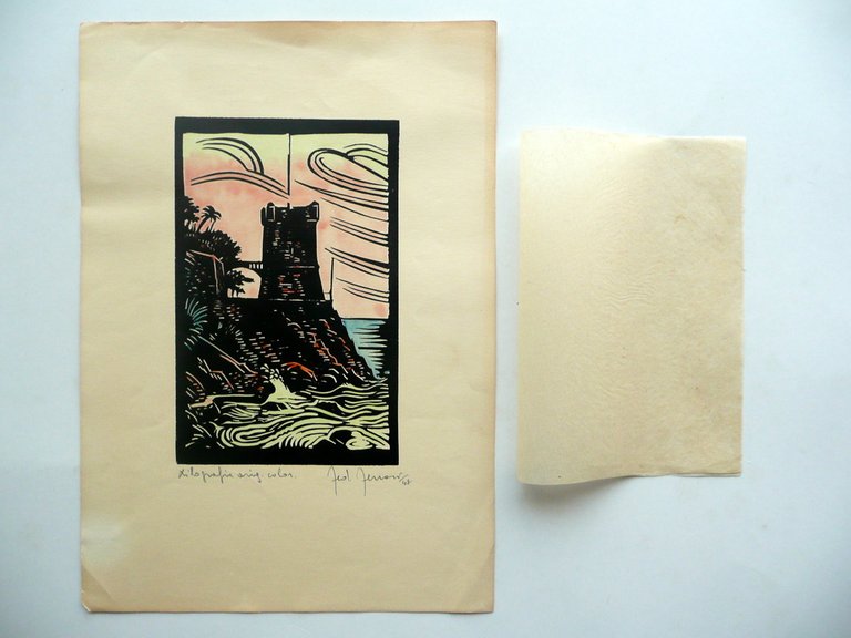 Federico Ferrari Xilografia Originale a Colori Torrione 1947 Arte Incisione