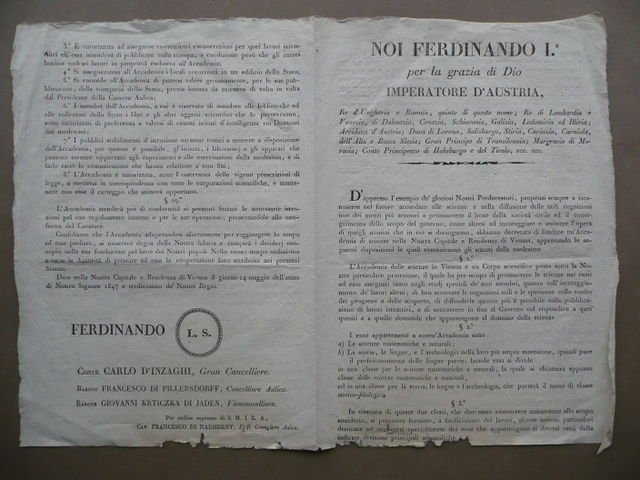 Ferdinando I Imperatore Austria Fondazione Accademia Scienze Vienna 1847