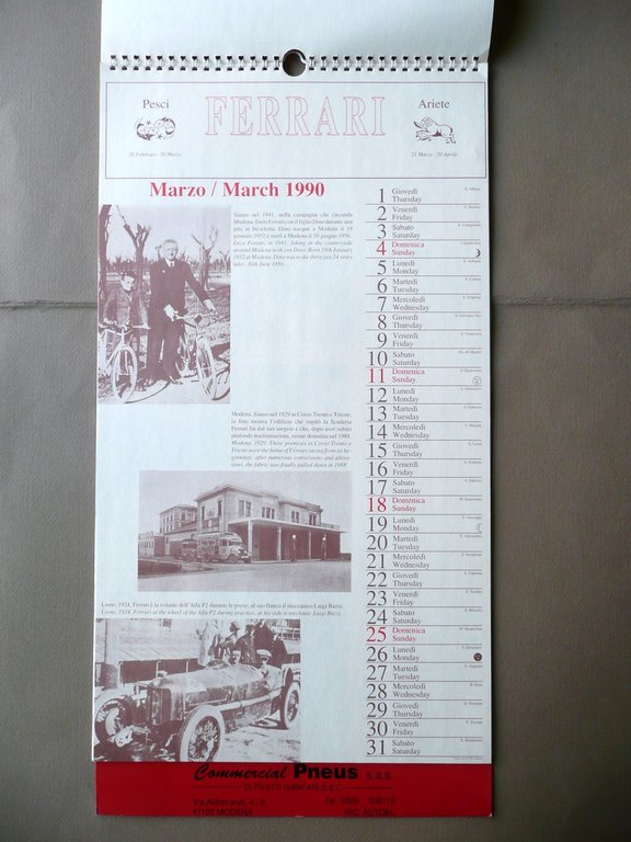 Ferrari Calendario 1990 Illustrato Fotografie Gare Sport Maranello Auto Modena