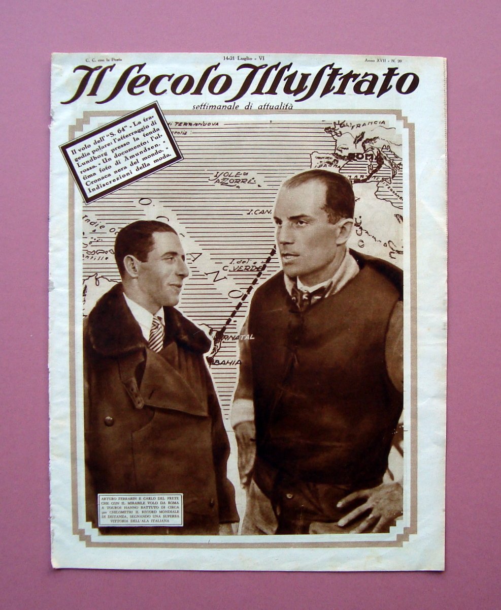 Ferrarini Del Prete transvolata Roma Touros 1928 Secolo Illustrato Volo … | Immagine principale